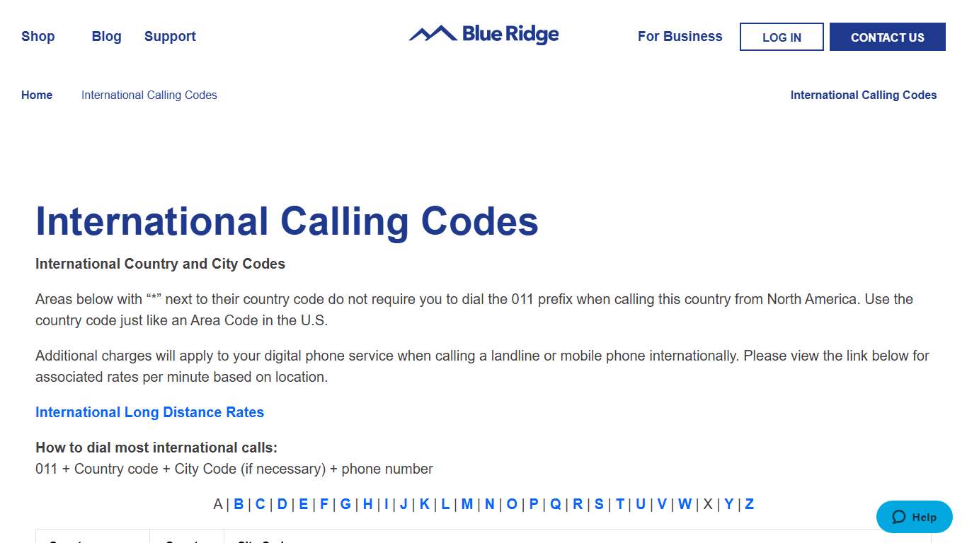 International Calling Codes & Phone Numbers | Blue Ridge